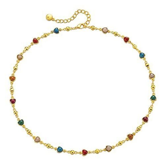 Jewelry - 6037 Heart Choker Necklace 18k Gold Plated Adjustable Colorful Gold Heart